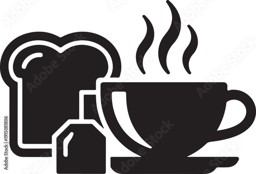 A steaming cup of tea with a tea bag and a piece of toast isolated on white background, illustration