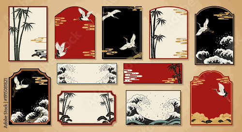Elegant East Asian Inspired Decorative Frames and Borders with Crane and Bamboo Motifs