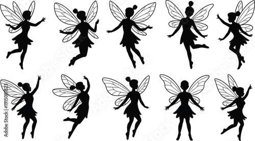 Set of ten black fairy silhouette illustrations featuring magical winged nymphs in various flying and dancing poses for fantasy vector design