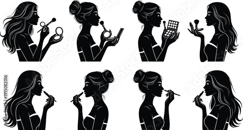 Beautiful Woman Silhouette Set Applying Makeup with Brush Lipstick and Eyeshadow Palette for Beauty Salon Cosmetics Branding and Fashion Illustration