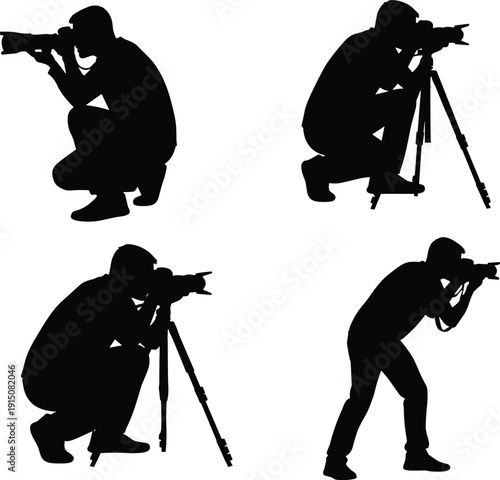 Black Photographer Silhouettes Set with Professional Camera and Tripod Isolated on White Background for Media Journalism Photography and Creative Digital Art