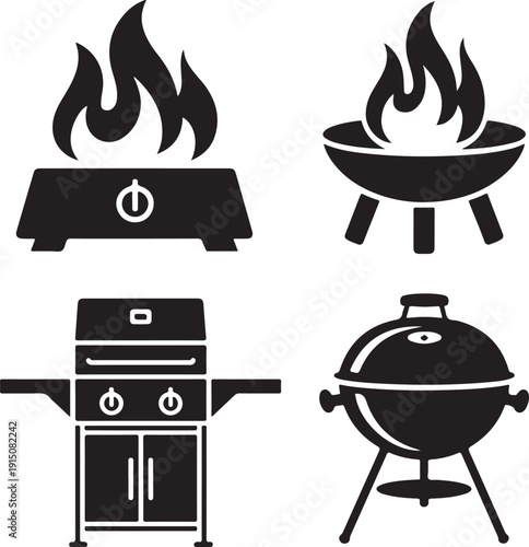 Illustration of various types of grills and cooking methods for outdoor cooking isolated on white background, illustration