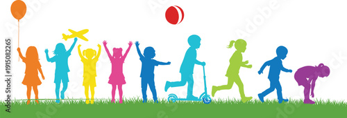 Colorful Silhouettes of Happy Children Playing Outdoors in Green Grass with Balloon Toy Plane Scooter and Ball for Summer Activity