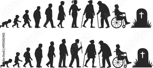 Human life cycle stages silhouette, growth from baby to elderly aging process timeline with wheelchair and grave symboerly aging process 