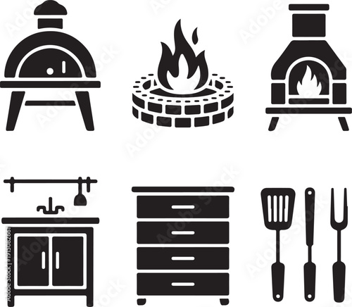 Various cooking appliances and tools depicted in a minimalistic style isolated on white background, illustration