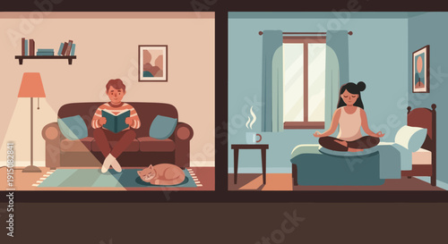 People engaging in relaxing activities at home.