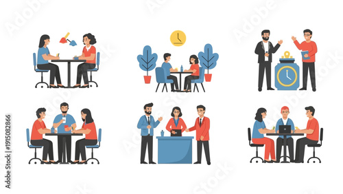 People engaging in various business and social interactions.