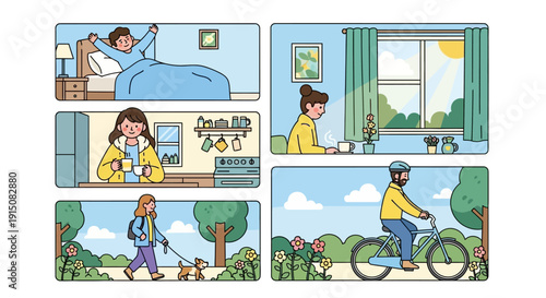 People engaging in various daily activities and routines.