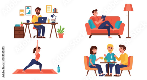 People engaging in various daily activities at home and social settings.