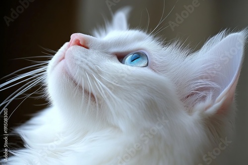 Close up of a charming Turkish Angora cat with bright blue eyes and fine whisker detail on white