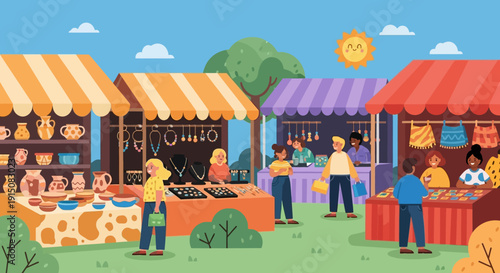 People enjoying a vibrant outdoor market with various stalls selling crafts and goods.