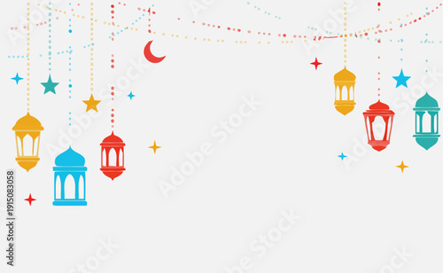 Colorful lanterns and stars hanging from strings with a crescent moon, festive decorations, celebration, illustration, vibrant scene