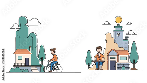 People enjoying outdoor activities in a charming town with houses and trees.