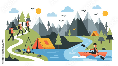 People enjoying outdoor activities in a mountain landscape with river and forest.