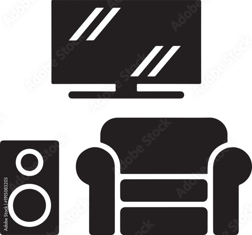 Modern living room with television and comfortable sofa for relaxation isolated on white background, illustration