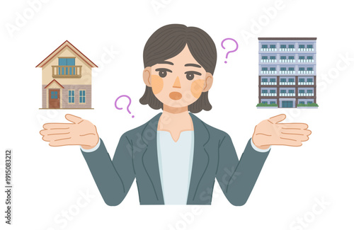 戸建てと集合住宅の違いを比較する、スーツ姿の女性のイラスト