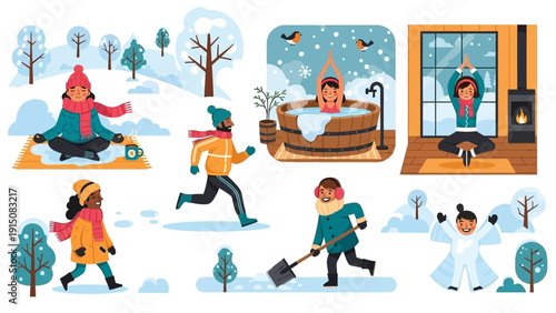 People enjoying various winter activities outdoors and indoors.