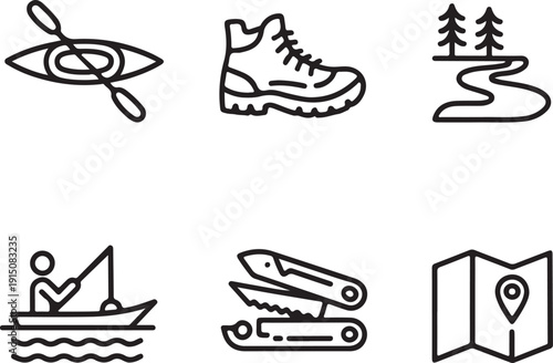 Outdoor activities and equipment for hiking, camping, and water sports isolated on white background, illustration