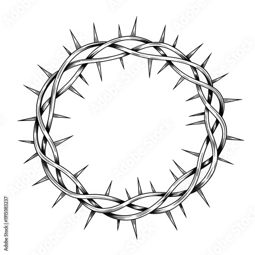Black and white minimalist barbed wire crown of thorns isolated on white background vector illustration