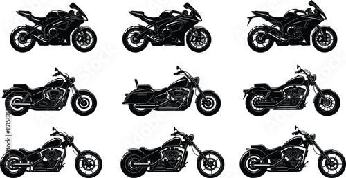 Motorcycle silhouette collection featuring sport bikes cruisers and choppers icons in various styles for automotive design racing and biker lifestyle projects.