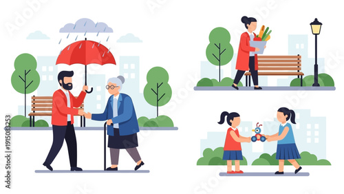 People helping others in various situations, showing kindness and support.