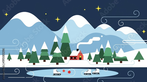 People ice skating on a frozen lake in a winter landscape.