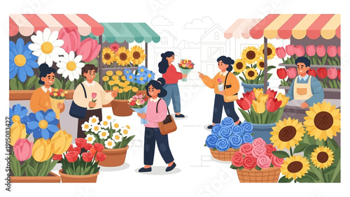 People shopping for fresh flowers at a vibrant outdoor market.