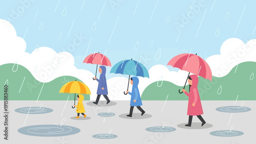 People walking with umbrellas in the rain.