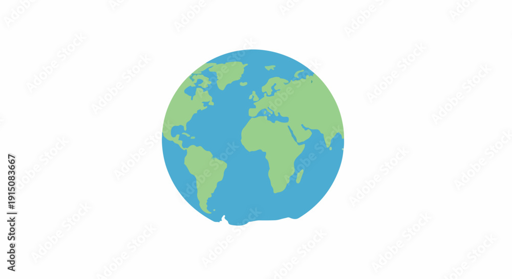 Fototapeta premium Illustration of a blue and green globe against a white background, symbolizing Earth or the planet, in a simple graphic style.