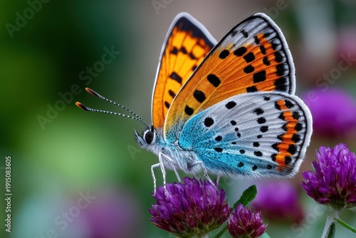 Vivid Butterfly on Purple Flowers with Green Background