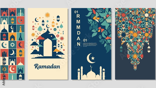 Celebrating Ramadan with vibrant illustrations of mosques, crescent moons, and lanterns in a festive atmosphere