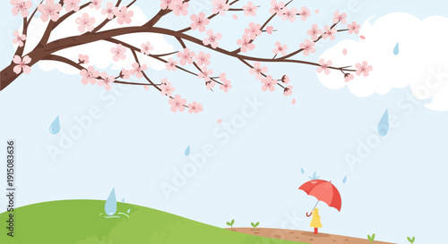 Person with red umbrella walking under a cherry blossom tree in the rain.