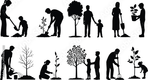 Family Gardening and Tree Planting Silhouettes, Parents and Children Outdoor Environmental Conservation, Reforestation and Sustainable Living Vector Illustration Collection