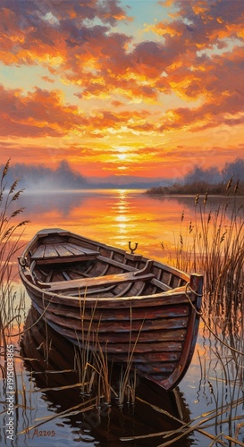 A serene wooden boat sits on a peaceful lake at sunset with vibrant orange clouds