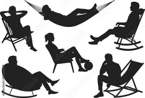 People relaxing silhouettes in hammock and rocking chairs, leisure lifestyle concept isolated on white background illustration