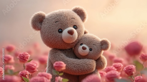 Adorable Soft Bear and Its Cute Cub Embracing in a Field of Beautiful Roses