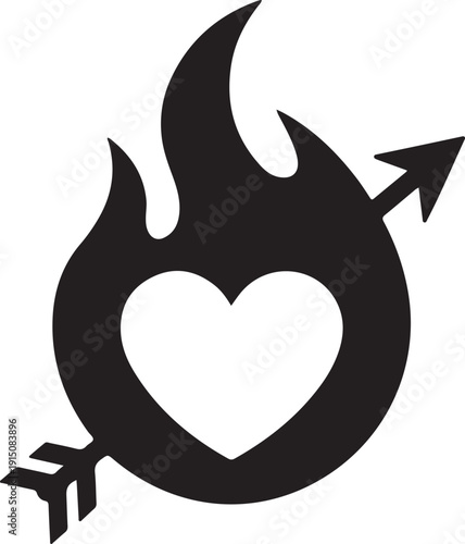 A stylized heart with flames and an arrow representing passion and desire isolated on white background, illustration