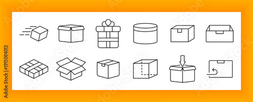 Box and packaging set icon. Parcel, closed box, gift, cylinder, open box, cube, dashed outline, down arrow, and return icon used in storage, shipping, and wrapping contexts.