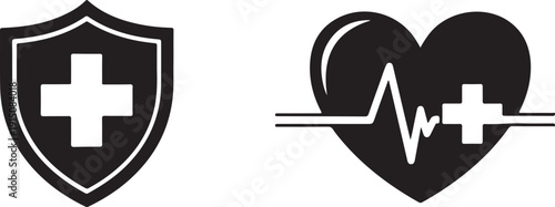Black and white medical symbols shield and heart with heartbeat and cross