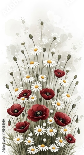 Beautiful bouquet of red poppies and white daisies flowers on beige background