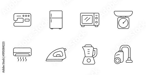 Home appliances set icon. Sewing machine, fridge, microwave, scale, air conditioner, iron, blender, vacuum illustrated in household line design.