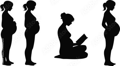 Pregnant woman silhouette collection, maternity stages and pregnancy poses illustration with standing and sitting mother reading concept