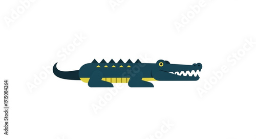 Dark green cartoon crocodile with yellow accents and sharp teeth on white background