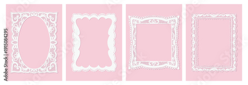 White Lace Frames Set on Pink Background – Decorative Paper Cut Borders Collection