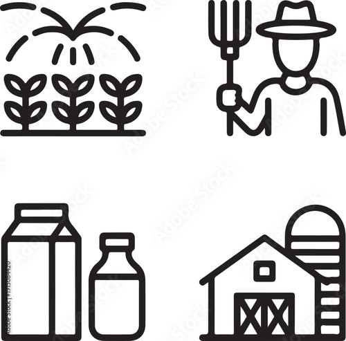 Illustrations of farming activities and agricultural products isolated on white background, illustration