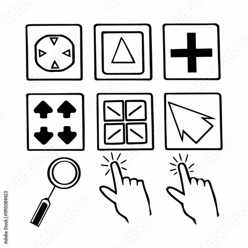 Black and white of various shapes and touch interactions on a white background circle triangle