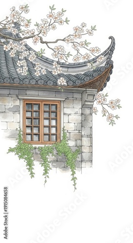 Traditional Asian house with stone wall and cherry blossom tree branch  serene architecture
