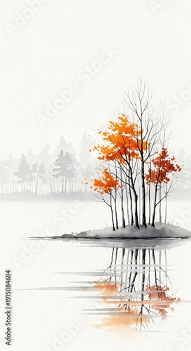 Autumn trees on small island with reflection in calm water near forest  serene landscape