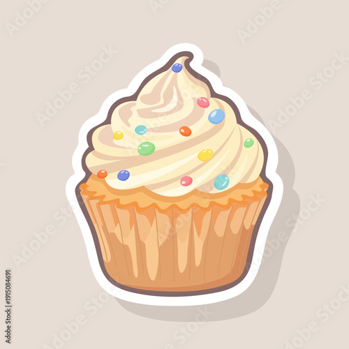 Cute cupcake sticker with creamy frosting and colorful candy sprinkles. Sweet dessert vector illustration with sticker outline, perfect for packaging, planner, scrapbooking, kids design, bakery brandi