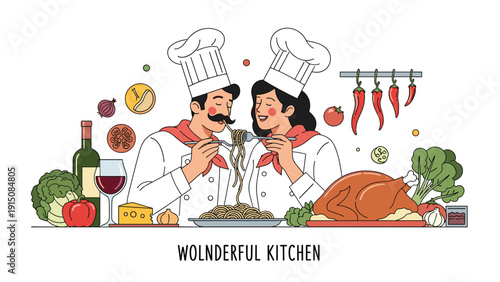 Professional male and female chefs share a romantic meal of spaghetti surrounded by a feast of roasted turkey and fresh vegetables.